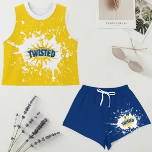 Twisted Tee Women’s Crop Top and Sport Shorts Set, Yellow Splash Sun Graphic Blue Athletic Outfit, Gift for Her