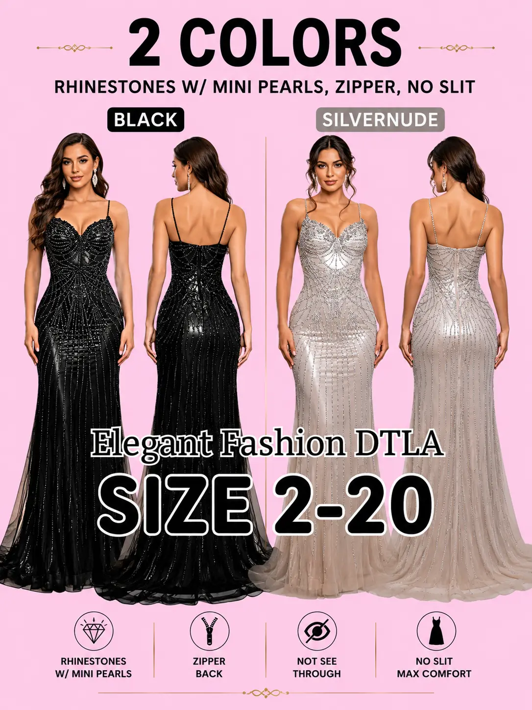 ✨ Elegant Fashion✨ 2 COLORS Rhinestones NO SLIT (SIZE 2-22)