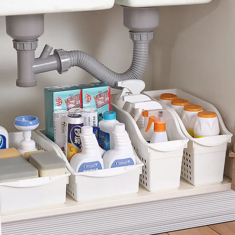 Adjustable Under-Sink Storage Basket with Movable Shelf
