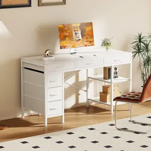 47" & 55" Computer Desk with 6 Drawers, 2-Tier Shelves, White/Rust Brown, for Home Office Gaming Study