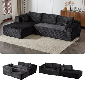 110 Inch Compression Sectional Couch  Comfy Chaise, Boneless L-Shape Sofa  Deep Seat, Minimalist Modular Couches Sleeper for Living Room, Bedroom, Apartment, Lounge, Corduroy with