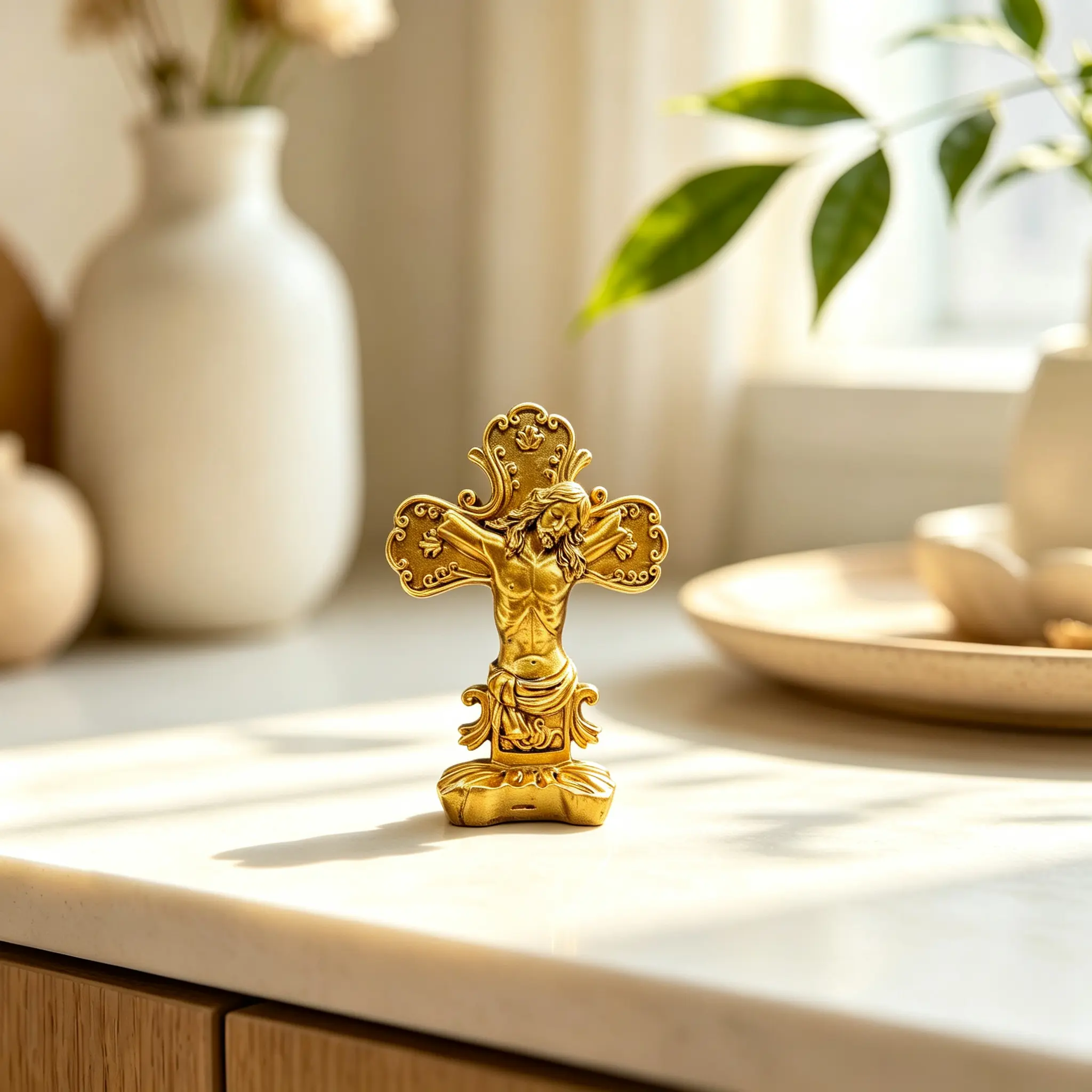 Golden crucifix resin figurine of the crucified Jesus. Standing religious prayer corner table decoration piece with base.