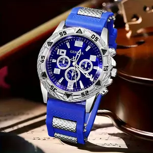 Large Size Men's Silicone Watch Blue Elegant Casual Fashion Quartz Men's Wristwatch, Fashionable Design, Casual Wristwatch, Elegant Design, Modern Wristwatch, Durable Material, Lightweight Wristwatch, Silicone Strap Wristwatch, Quartz Wristwatch