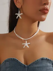 Boho Starfish Trendy Fashionable Jewelry Set for Women, 2Pcs White Glitter Starfish Drop Earrings & Double Layer Choker Necklace, Beach Ocean Themed Accessories, Perfect for Summer Vacation, Party, Festival, Ideal Gift for Her