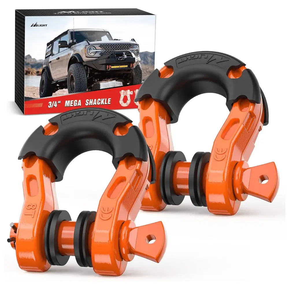 Nilight Heavy Duty Off-Road Recovery D-Ring Shackle Pair, 3/4-Inch Steel Mega Shackles, 7/8-Inch Screw Pin, 68000LBS High-Capacity Towing Equipment, Orange with Isolators Kit, Heavy Duty Shackles, Off-Road Recovery Shackles