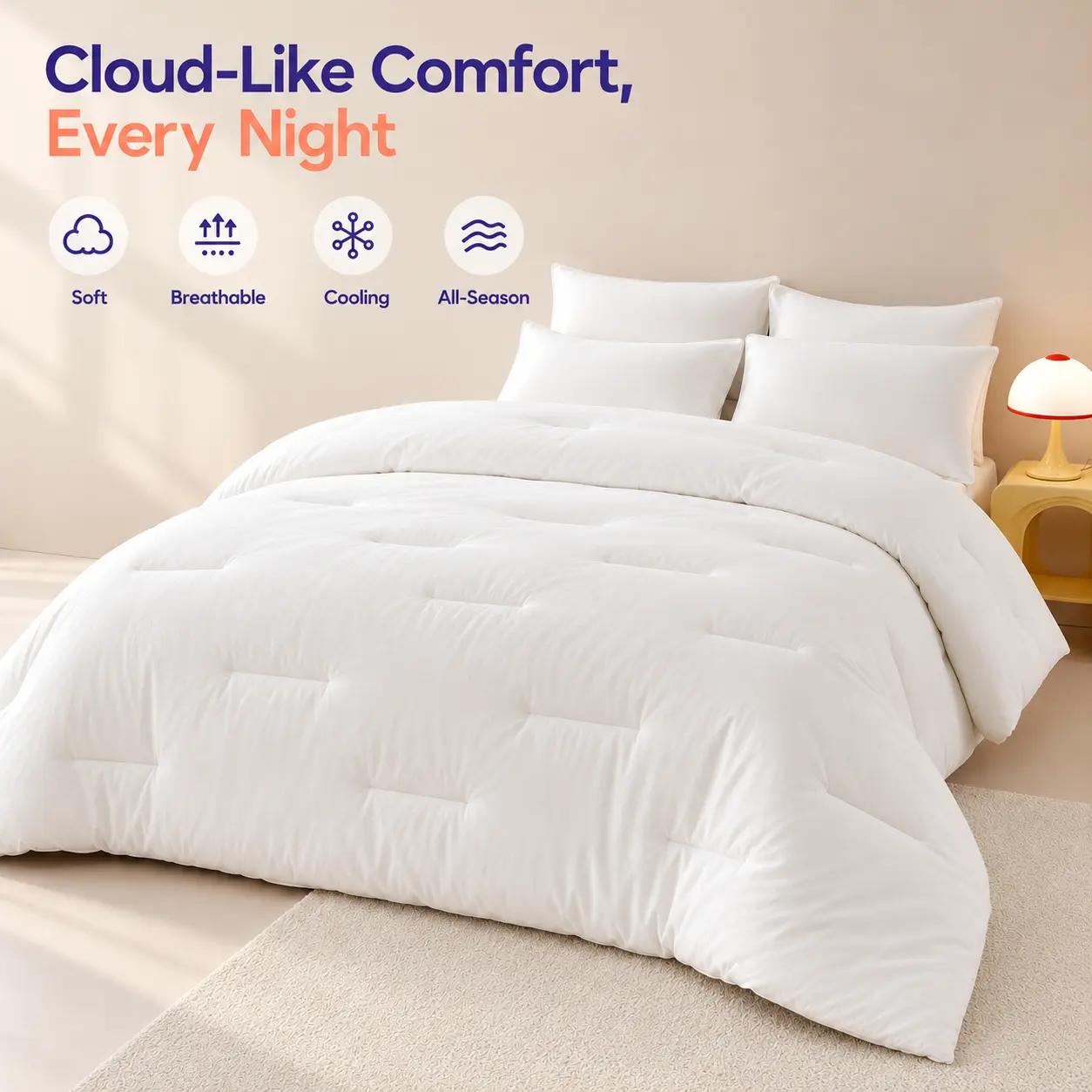 Queen Size Cloud-Like Comforter, Polyester Fiber, Super Fluffy Puffy, Lightweight, Soft, Breathable, Durable, Easy Care, Machine Washable, All Season Bedding for Bedroom