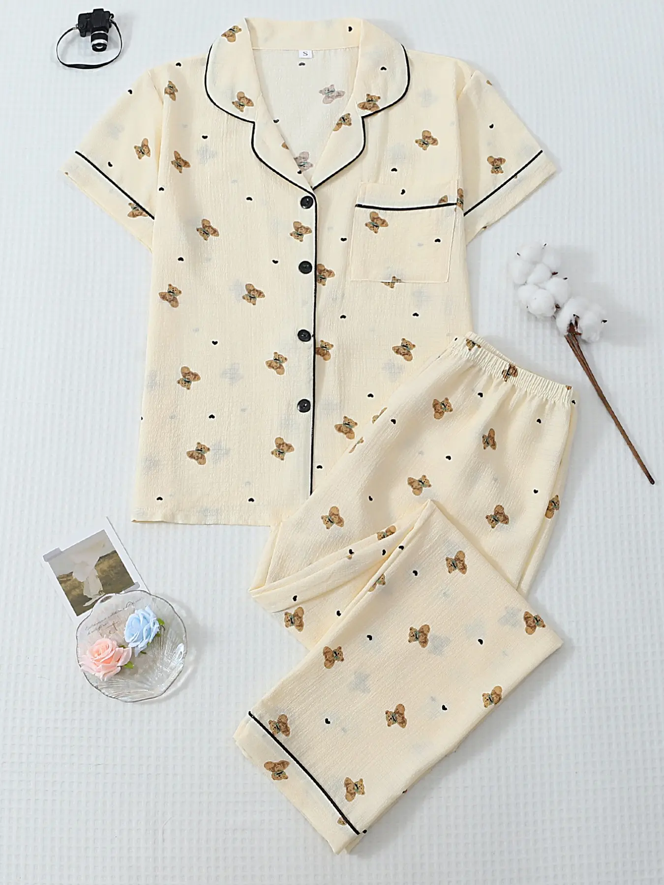 New Bear Bubble Cotton Set, Pajama Set, Comfortable Soft Short Sleeve Top, Long Sleeve Pants High Sleepwear, Casual Floral Pattern, All Seasons