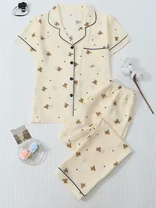New Bear Bubble Cotton Set, Pajama Set, Comfortable Soft Short Sleeve Top, Long Sleeve Pants High Sleepwear, Casual Floral Pattern, All Seasons