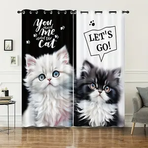 2pcs Cat-Themed Blackout Curtains with Adorable Kitten Prints, Grommet Top Design for Bedroom, Kitchen, or Living Room - Modern Polyester Fabric, Machine Washable, Animal Print Style, Living Room Accessories | Charming Cat Graphics
