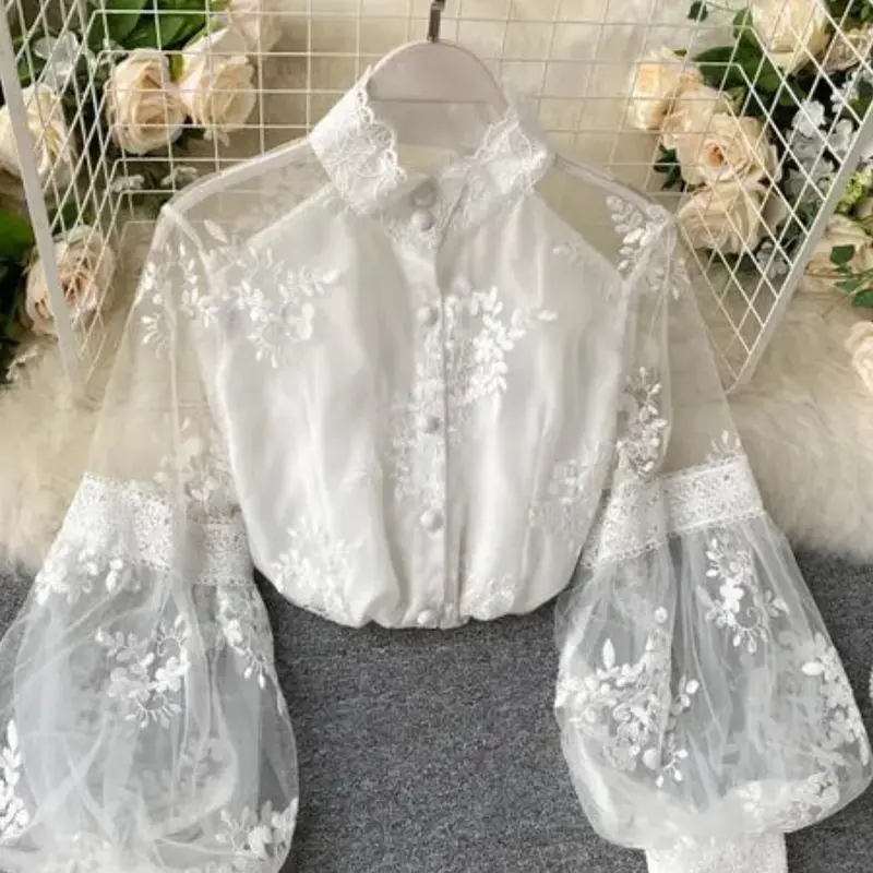 Women's Plain Lace Patchwork Button Front Collared Lightweight Fabric Fitted Shirt, Casual Aesthetic Fashion Top, Elegant Feminine Ladies Blouse, Perfect for Daily Wear Womenswear