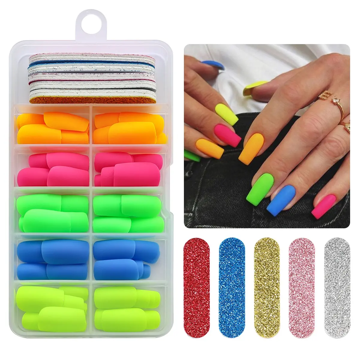 120pcs European Style Rainbow Fluorescent Holographic Glitter False Nails, Short Square Matte Glossy DIY Nail Art Stickers, Includes 5 Color Nail Files, False Nail Kits, Glittering Fake Nails, False Nail Set