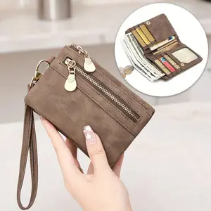 Women'S Double-Fold Wallet | Vintage Style, Equipped with a Wrist Strap - Compact Folding Design with Multiple Card Slots, Snap Closure, Durable Lining And Top Handle, Suitable for Daily Commuting And Casual Use