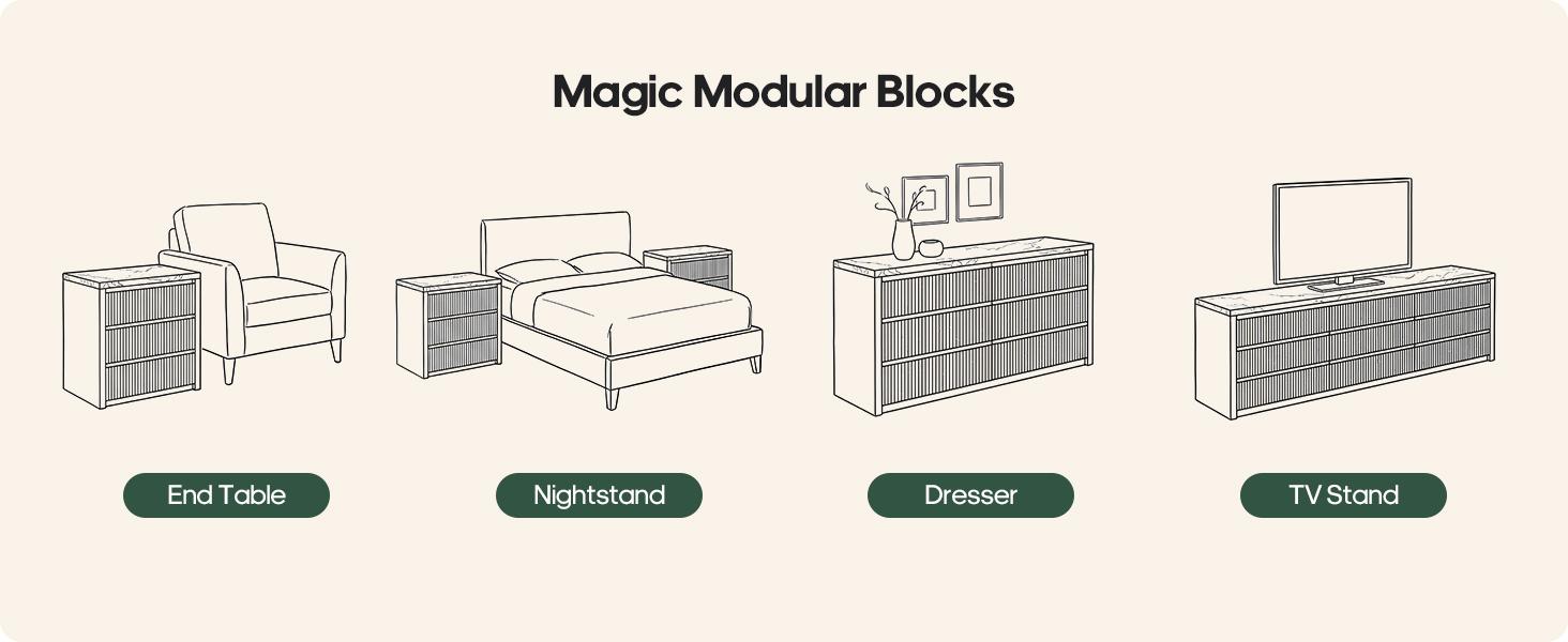 Sikaic 31.5” Wide Oversized Fluted Nightstand, Slatted 27.6”Tall Night Stands, Extra Large Wood Bedside Table, 3 Drawers, Mid-Century Modern End Table Bedroom, Living Room, Thickened