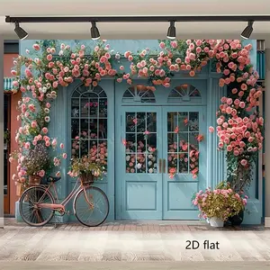 2D Flat, 1pc The Entrance of The Store Is Decorated with Pastel Blue Doors And Windows, Covered in Pink Roses, Creating Photography Background Party Decorations Banner