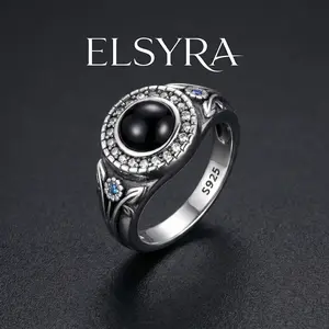 Elsyra S925 Sterling Silver Vintage Black Onyx Ring for Women,"Midnight Bloom" Vintage Black Agate Halo Ring Floral Engraved Halo Ring with Blue Accents, Antique Gothic Statement Jewelry Gift, Oxidized Silver Floral Band, Elegant Victorian, Dark Academia