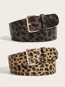 2pcs Women's Vintage Leopard Print Stylish Belts Classic PU Leather Fashion Commuter Vacation Waistband Dress Pants Fit