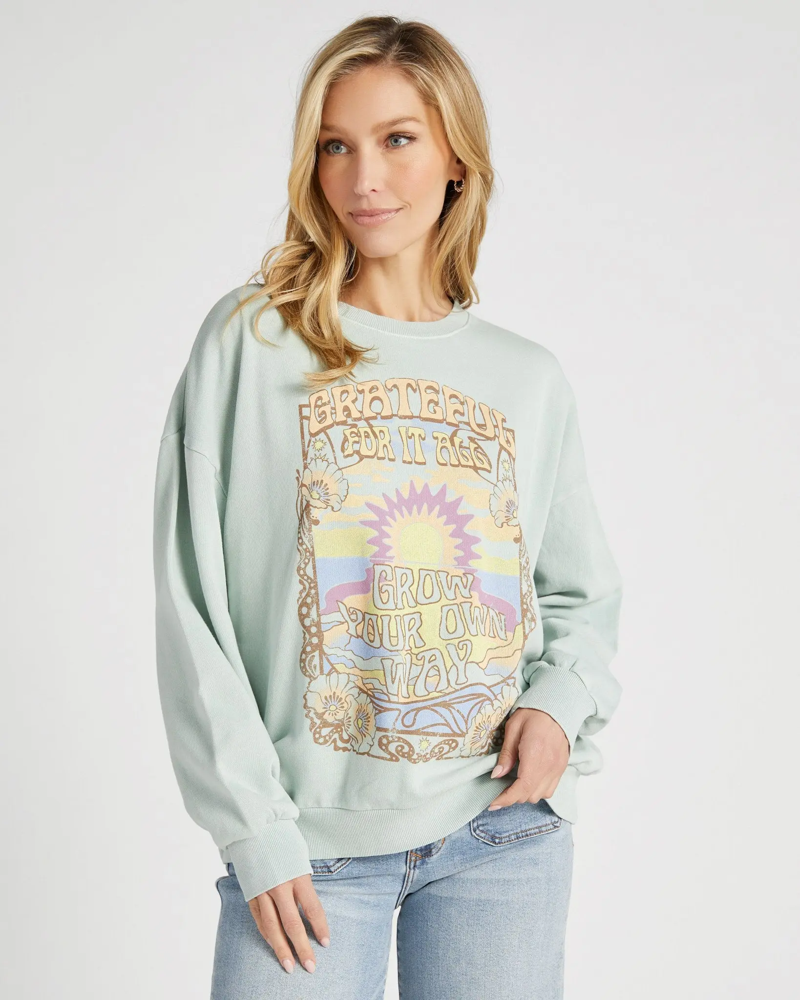 Grateful Sunday Graphic Sweatshirt for Women, Oversized Casual 100% Cotton Pullover with "Grow Your Own Way" Print, Fit, Long Sleeve, Tops, Loose-Fitting
