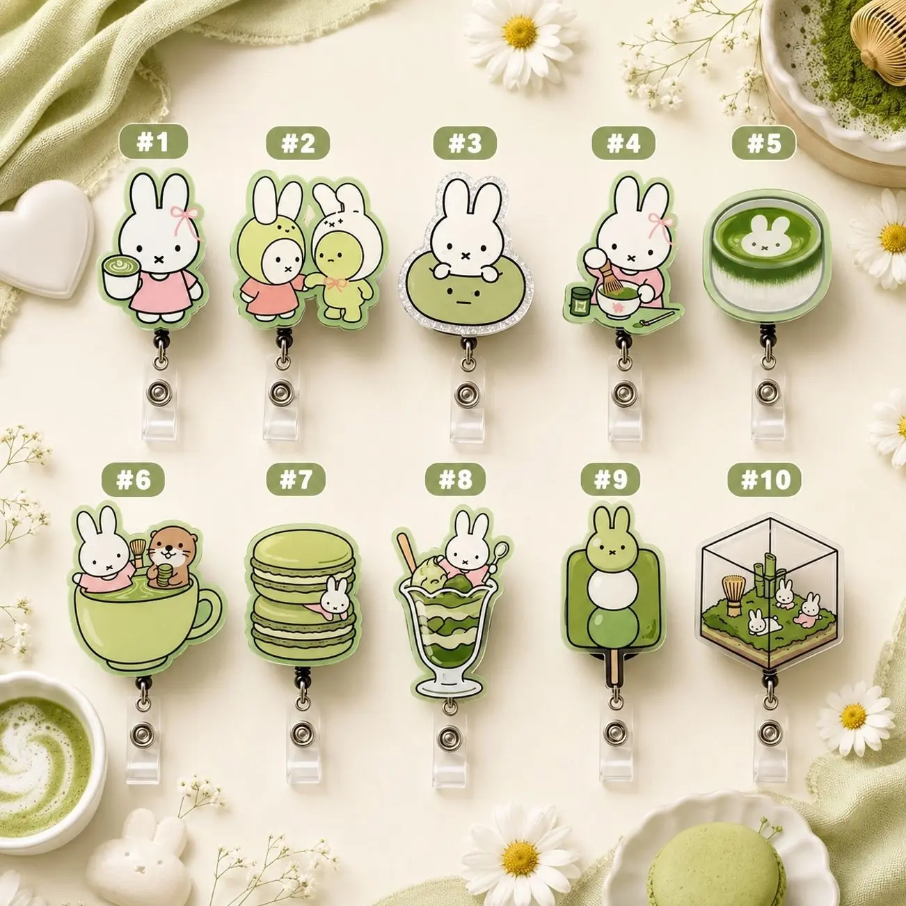 Kawaii Nurse Badge Reel | Matcha Bunny Acrylic Accessory, Perfect Gifts for ID Nurses, Doctors, Teachers & Office Professionals