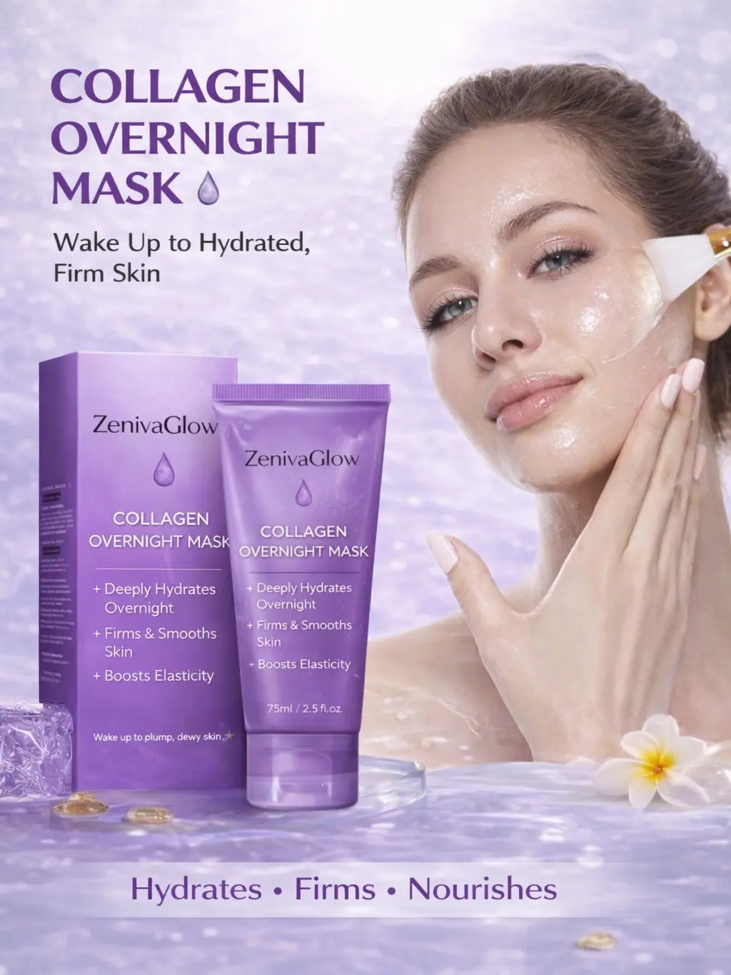 ZenviaGlow Collagen Overnight Wrapping Mask - Deep Hydration, Brightens & Smooths Skin, Non-Greasy, Lightweight Moisturizer, 75ml Moisture