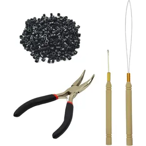 Hair Extensions Tool Kit Black Hair Pliers Pulling Hook Bead Device Tool Kits and 500 count 5 mm  Links Rings Beads (Black)