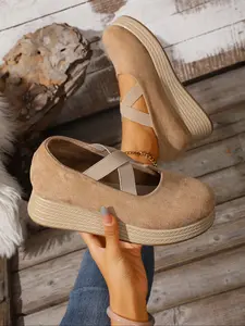 Comfortable Women's Wedge Heeled Shoes, Suede Elastic Cross Strap Slip-On Sneakers, Thick Platform Casual Shoes for Daily Walking & Work