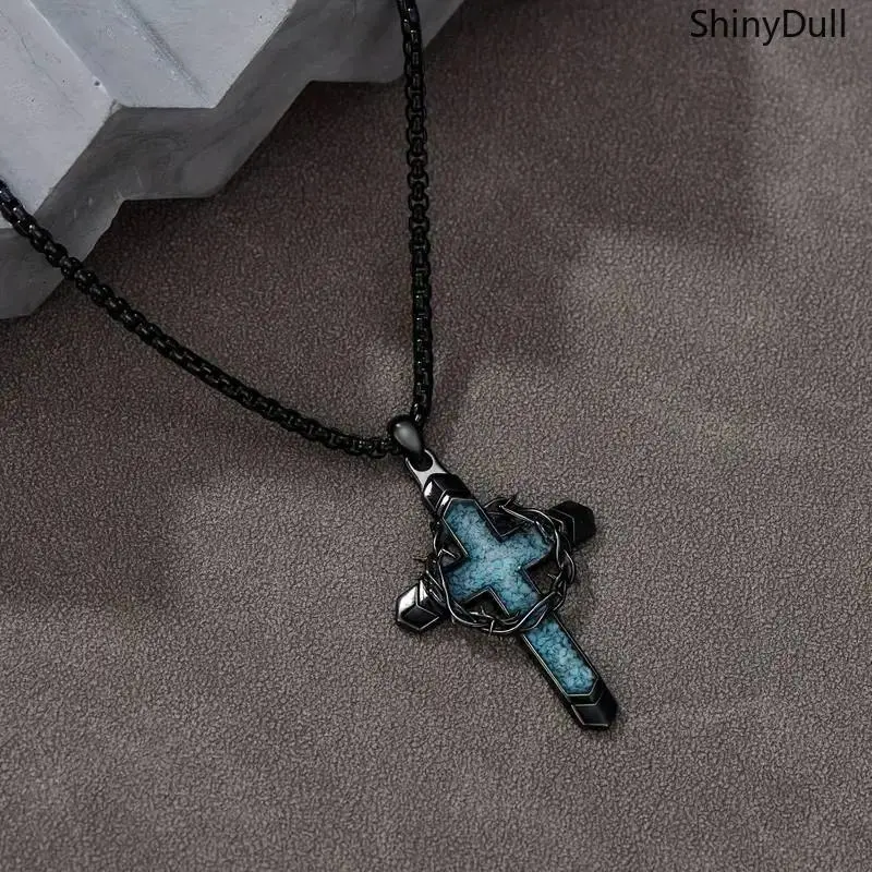 Women's Turquoise Cross Necklace with Thorny Wreath Thorn Crown Pendant Design, Unisex Religious Luggage & Bag Charm, Gift-Ready Accessory