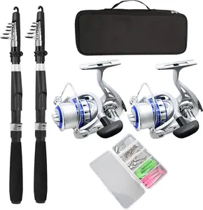 Fishing Pole Combo Set,2.1m/6.89ft 2 count Collapsible Rods 2 count Spinning Reels Lures Set Carrier Bag Carbon Fiber Telescopic Fishing Rods Sea Saltwater Freshwater Kit Fishing Rod Reel Combos