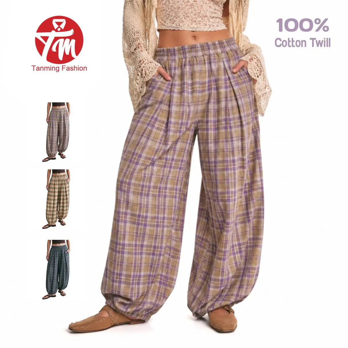 Tanming Women's Plaid Pull-On Balloon Pants, Cotton Twill Pants with Shirred Elastic Waist, Exaggerated Bubble Silhouette & Side Pockets Womenswear Bottom