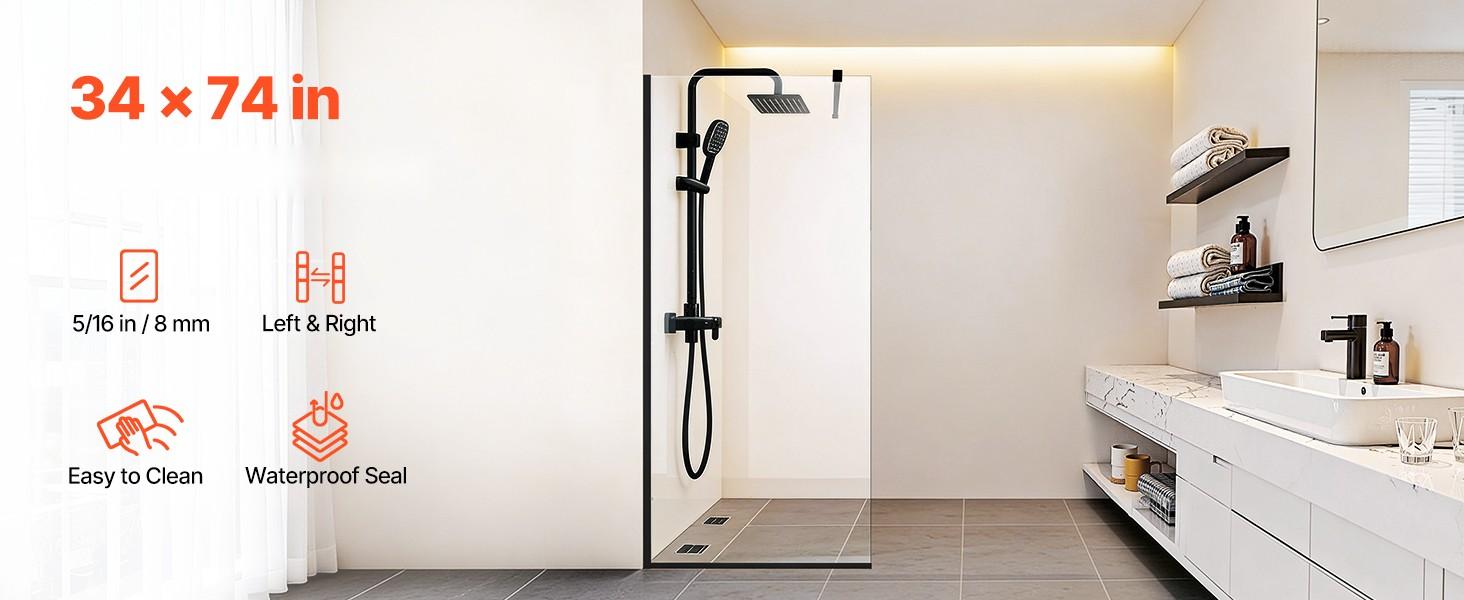 Fixed Glass Shower Panel 34 X 73.6 Inches Semi-Framed Shower Screen With 5/16 Inch Thick Clear Tempered Glass Door, Includes Bottom Seal Strip And Hardware, Easy To Clean Matte Black Finish For Bathroom Fixed Glass Shower Panel 34 X 73.6 Inches Semi-Framed Shower Screen With 5/16 Inch Thick Clear Tempered Glass Door, Includes Bottom Seal Strip And Hardware, Easy To Clean Matte Black Finish For Bathroom