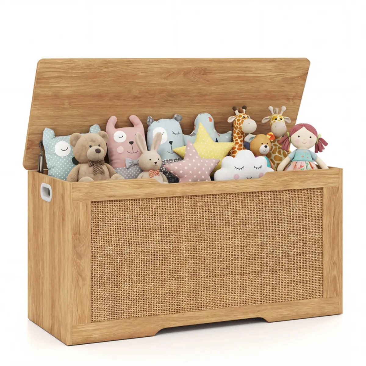 Durable Elegant Natural Rattan Look Rattan-Wooden-Coated Metal Rectangular Toy Chest with Lid, 40" (101.6cm)x20" (50.8cm)x16" (40.6cm) Easy-Clean Seat, Single Unit Room Home Organizer, Collapsible Clothes Storage Box (Assembly Required), Classic, 101.6 X