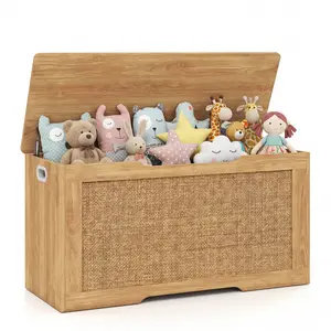 Classic Rattan-Wooden-Metal Multi-Use Toy Chest with Lid - Mom's Must-Have Room Storage Box, Collapsible Coffee Table Organiser, Easy-to-Clean Seat-Functional Home Organizer