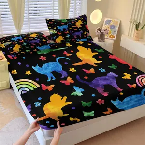 Watercolor Rainbow Cat Fitted Sheet Set & 2 Pillowcases No Core, Watercolor Wash Style Colorful Cat & Butterfly Elements, Soft Anti-Slip Wrinkle-Resistant Bedding, Kids & Cat Lovers Bedroom Decor, Gift Choice