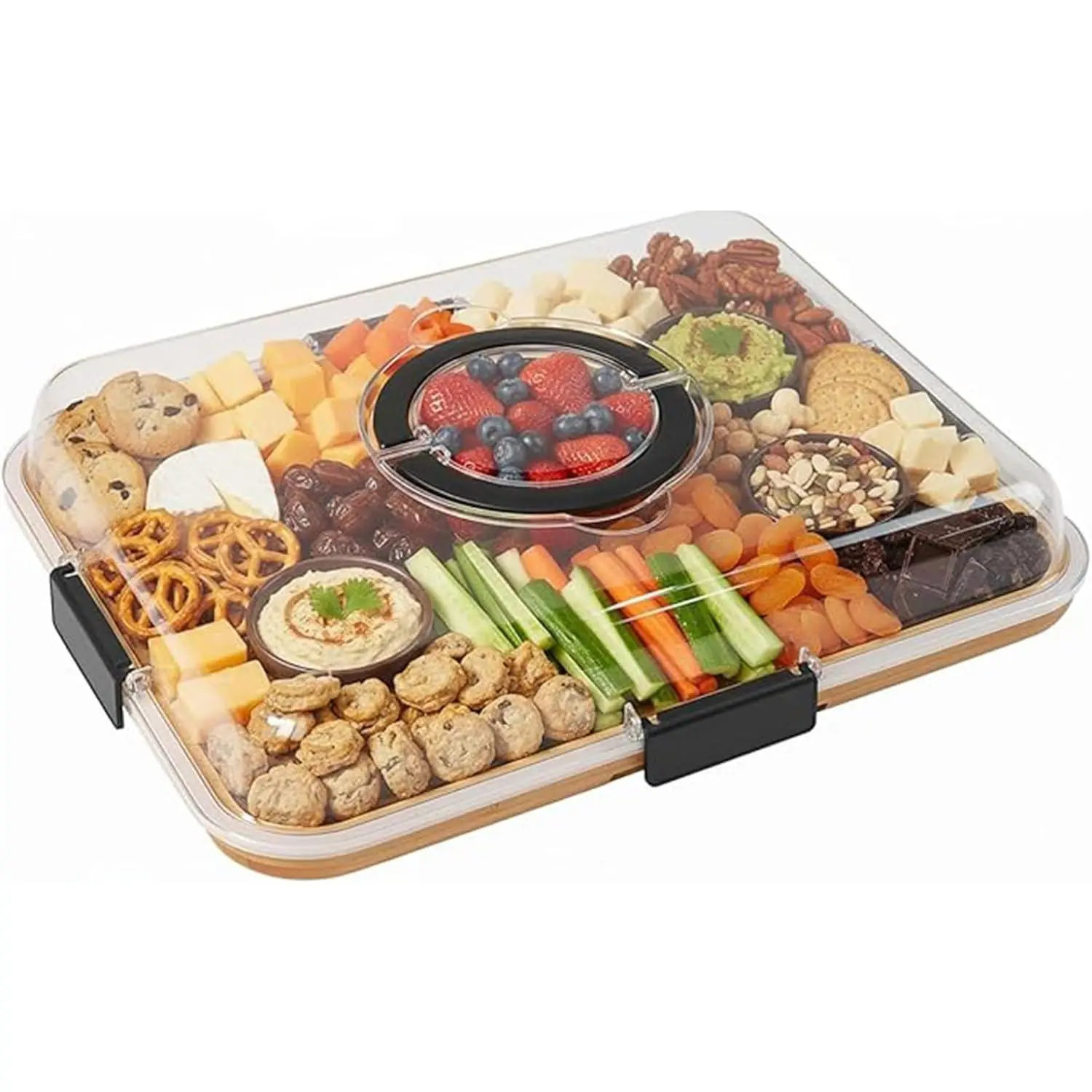 Bamboo snack tray with a transparent lid, portable tray with handle and compartments, suitable for parties, travel, and entertainment