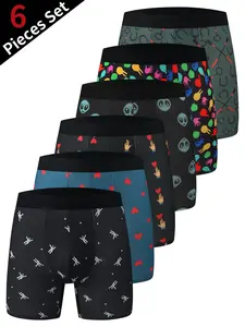 6pcs/Pack Men's Fashion Graphic Print Boxer Briefs, Elastic Boxer Briefs, Long Leg Anti-Chafing Daily Casual Underwear, Astronaut Alien Heart Patterned Breathable High Stretch Trunks, Moisture Wicking Soft Performance Shorts, Comfortable Athletic Panties
