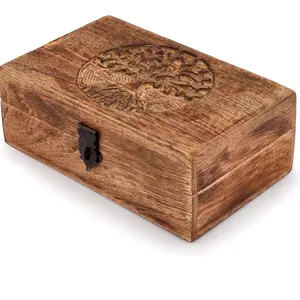 Handmade Mango Wood Tree of Life Engraving Beautifully Keepsake Box Jewellery Organiser Unique Gift Ideas for Men & Women (Flame Work Finish)