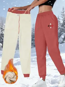 Women's Fashion Casual Long Pants, Bottoms, Drawstring Waist, Fitted Straight Leg, Warm Lined Sheepskin Inner, Fall & Winter Wear, Womenswear