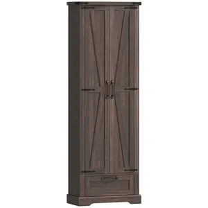 71" Brown Floor Pantry Cabinet - Kitchen Storage Cabinet with Adjustable Shelves, Barn Doors, and Drawer for Dining Room