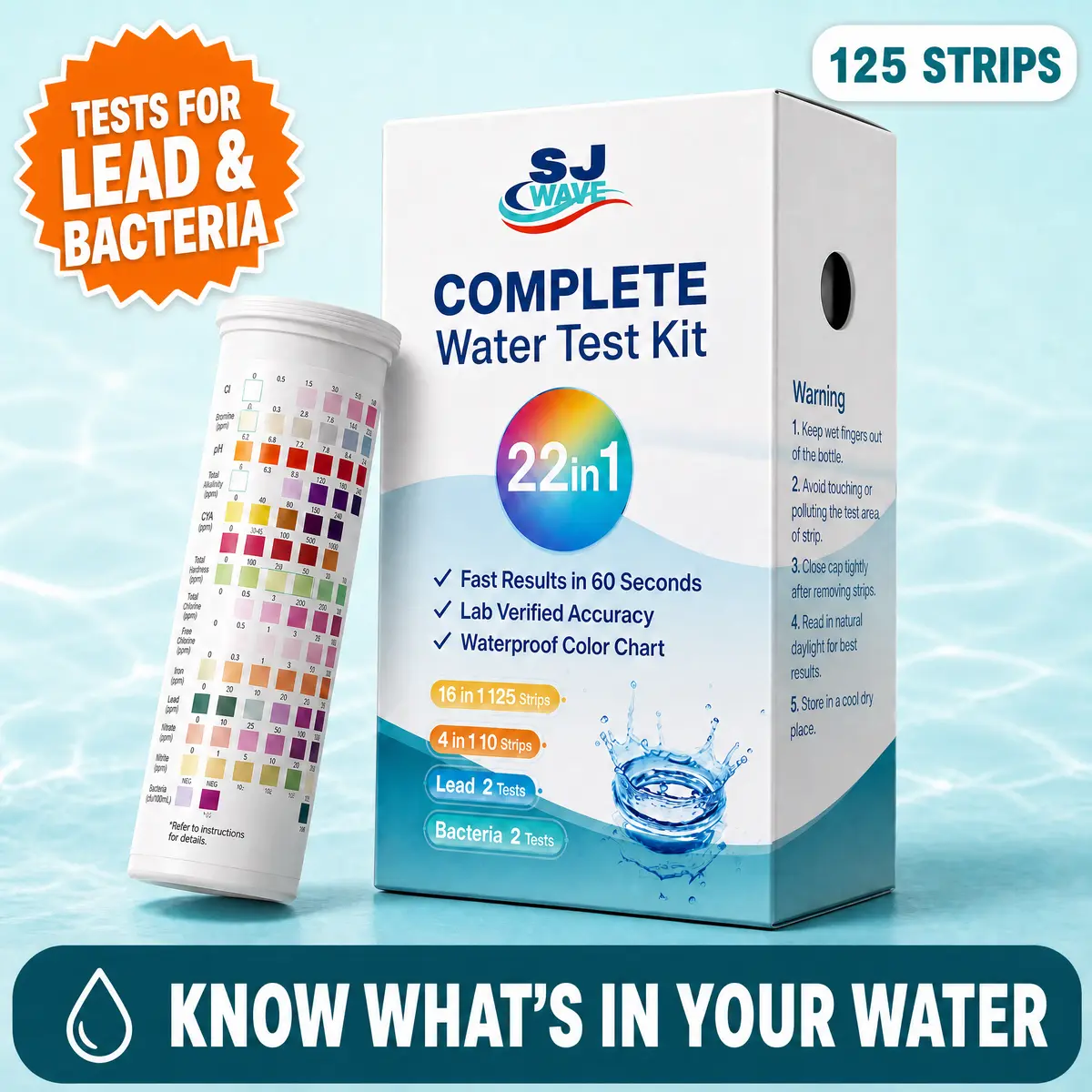 SJ Wave 22-in-1 Drinking Water Test Kit - 125 Strips + Lead & Bacteria Tests | Fast Results in 60 Seconds for Tap Well Pool Water
