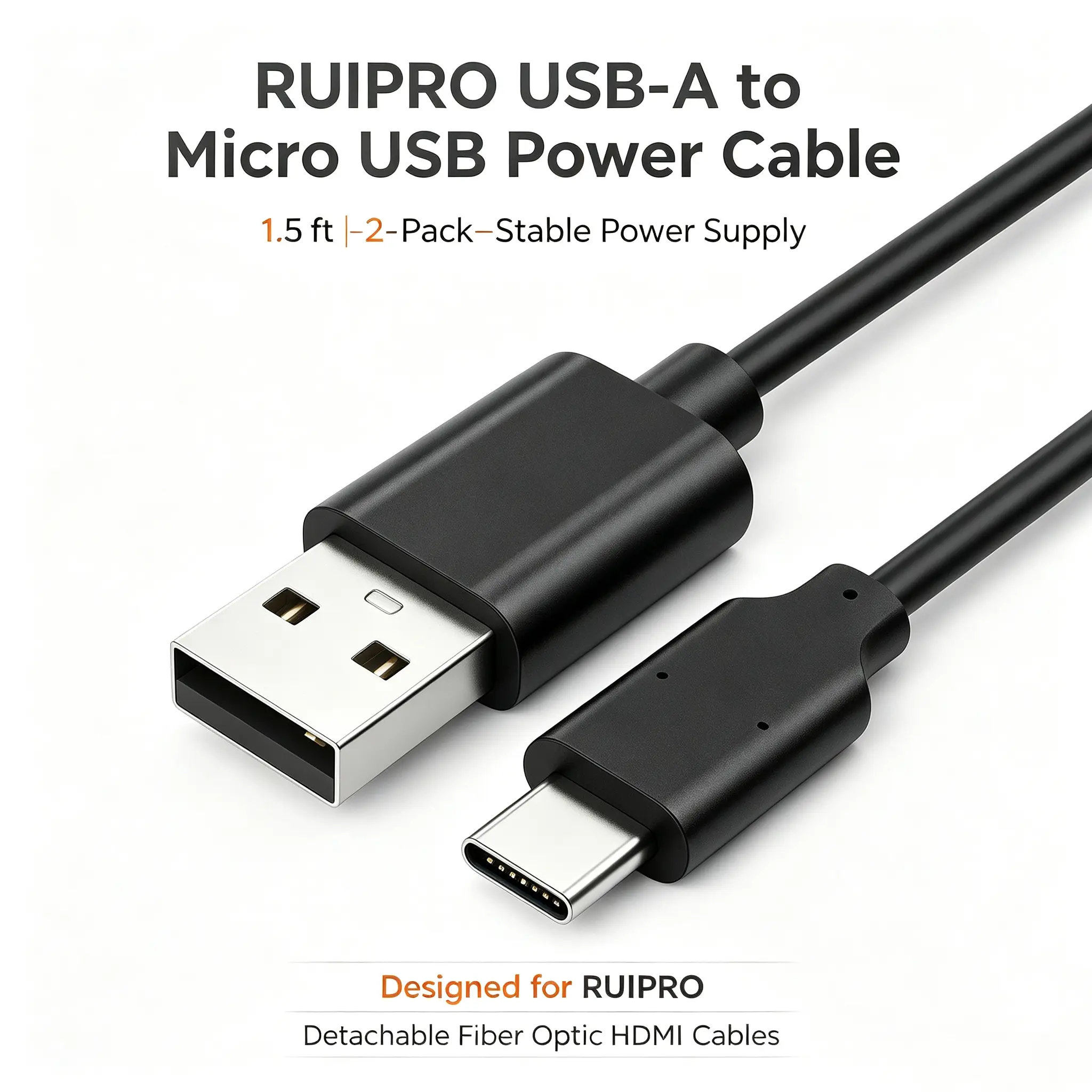 RUIPRO Micro USB Power Cable, USB A to Micro USB, 1.5FT 2-Pack, HDMI Fiber Optic Cable Power Supply for Stable Signal Transmission