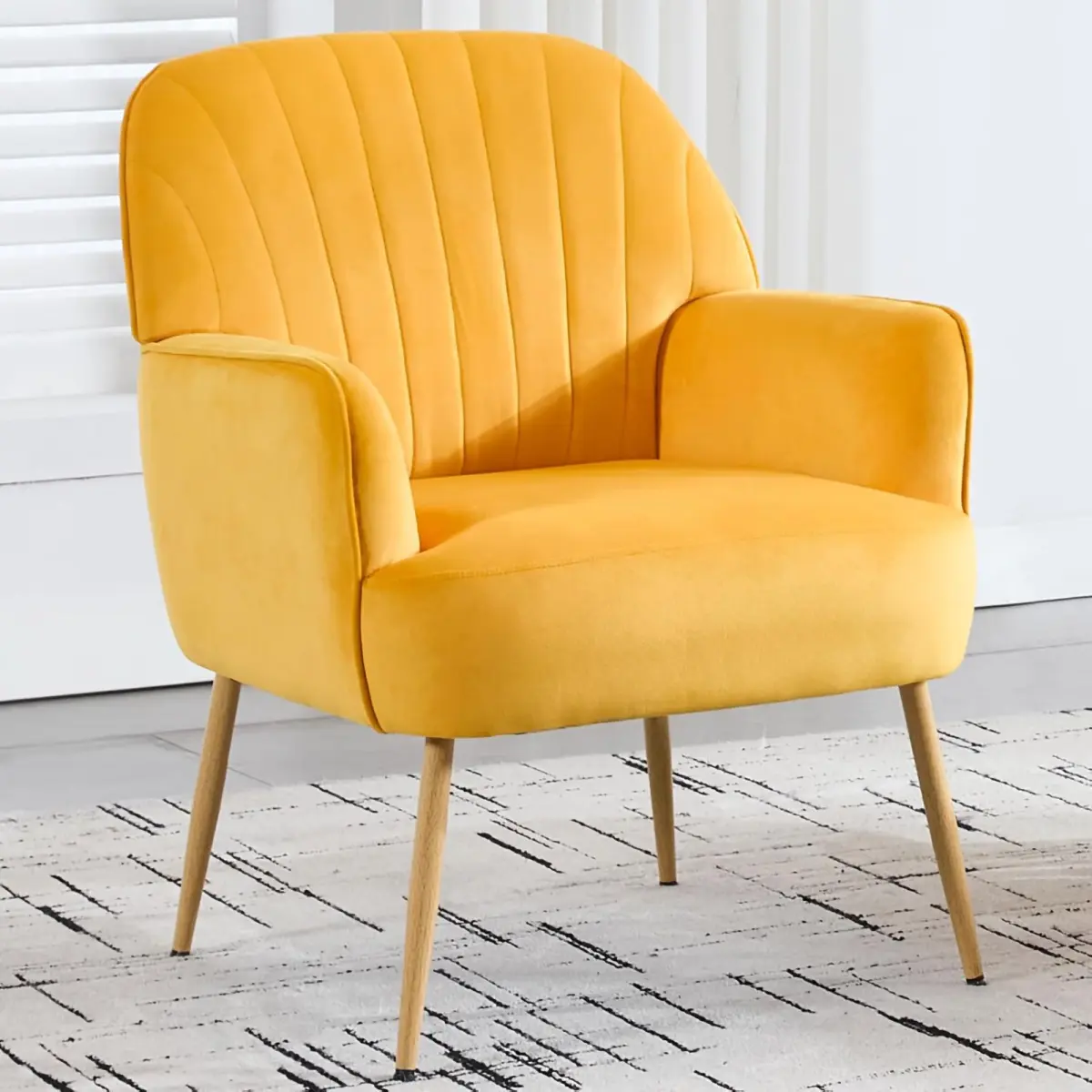 Velvet Accent Chair, Mid Century Modern Accent Chairs for Living Room, Comfy Upholstered Armchair with Metal Legs for Bedroom/Apartment/Office/Waiting Room, Yellow