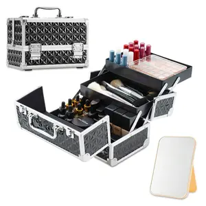 Makeup Train Case Cosmetic Box Portable Makeup Case Organizer 2 Trays Makeup Storage With Mirror For Cosmetologist Aesthetic Supplies Nail Tech Traveling Makeup Box