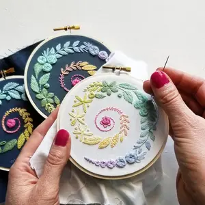 Beginner hand embroidery kit with online class, rainbow spiral needlework pattern, easy embroidery video tutorial, basic stitch lesson