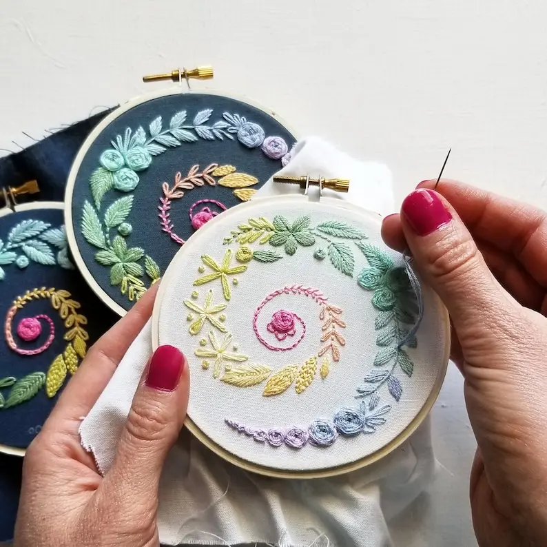 Beginner hand embroidery kit with online class, rainbow spiral needlework pattern, easy embroidery video tutorial, basic stitch lesson