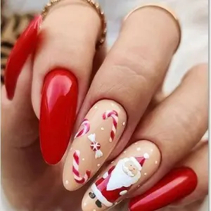 Christmas Press-On Nails Medium Almond Fake Nails with Snowman Design Red Santa Hat Tip Acrylic Full Cover 24 Pcs for Women Manicure Festive Holiday Nail Art with Glue Included