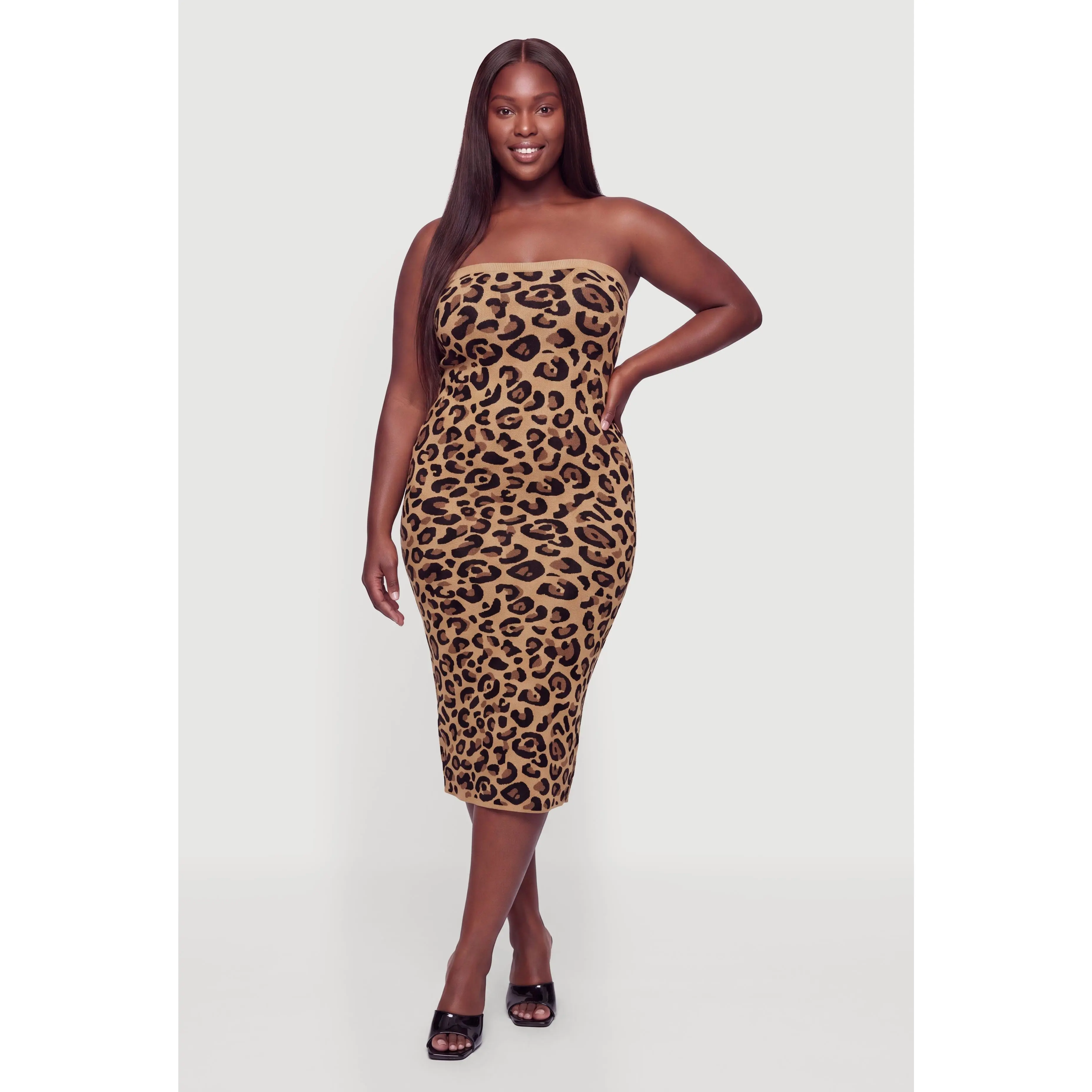 Plus Size Leopard Print Strapless Knit Midi Dress