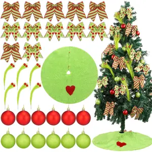 31 Pcs Lime Green Christmas Tree Decorations Includes Red Green Bows Toppers and Christmas Ball Ornaments and 30.7 Inch Tree Skirt Feather Picks for DIY Xmas Trees Hanging Decor