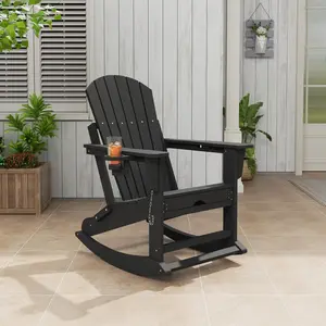 Rocking Adirondack Chairs, Folding Adirondack Rocking Chair With Footrest, Adirondack RockingChair Outdoor With Retractable Ottoman and Cup Holder,Black