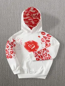 Ultra-Hot Lip Print Graffiti Heart Hoodie, Sweet Cool Style Lip Print Hoodie, Couple Dating, Trendy Casual Wear