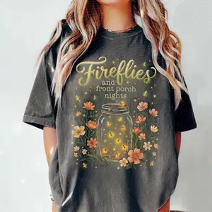 Comfort Colors Fireflies and Front Porch Nights T Shirt, Magical Summer Quote TShirt, Rustic Mason Jar Fireflies Floral T-Shirt, Country Summer Graphic Tee Gift