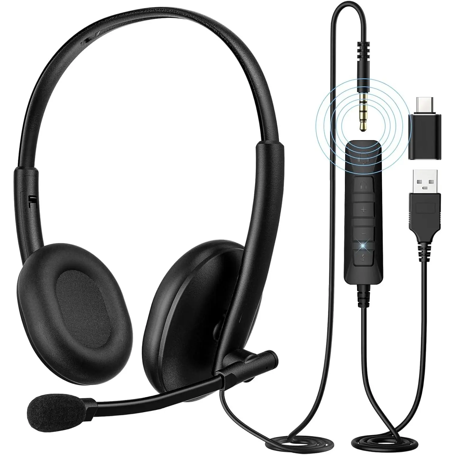 USB Headset with 290? Rotating Noise-Canceling Microphone, USB-A/Type C/ 3.5mm Wired Lightweight Office Headphone with Mute Button & Volume Control for PC, , Cell Phone, Zoom Calls